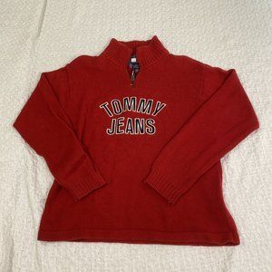 Vintage Tommy Hilfiger Jeans Mens Size mens L LOGO Spellout Red Knit Sweater